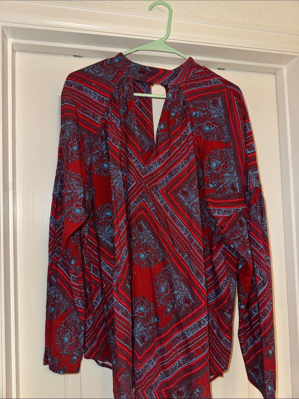 Free People Red and Blue Long Sleeve Top